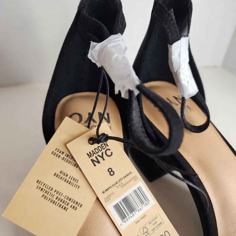 NIB MADDEN NYC WOMENS BLACK SZ 8 RHINESTONE ILLIE CITY BLOCK HEEL STRAPPY SANDAL